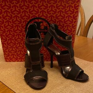 Tory Burch Black Geoff Linen/ Lizard/ Metallic Women's Heels